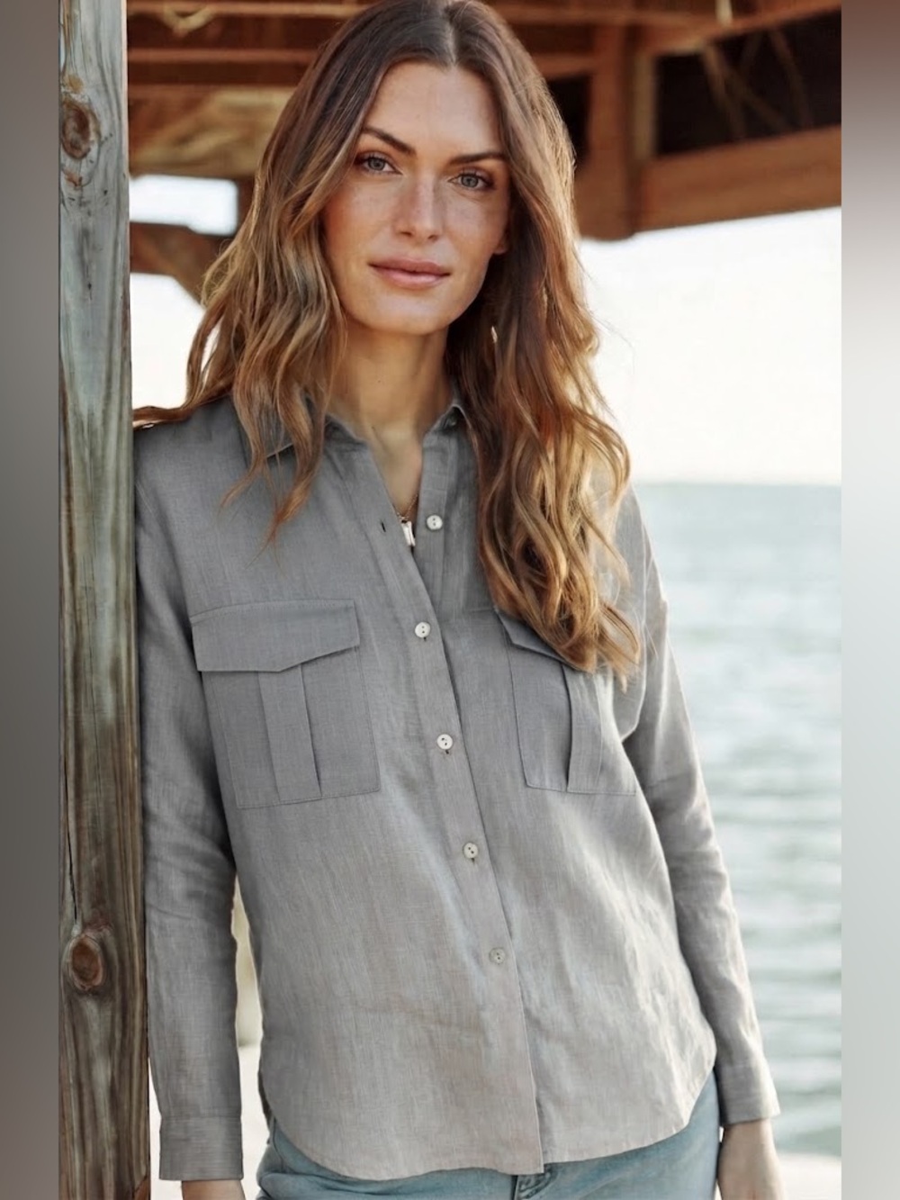J. Jill Light Gray Linen Shirt Jacket Sz M Quiet Luxury Minimal Chic Effortless